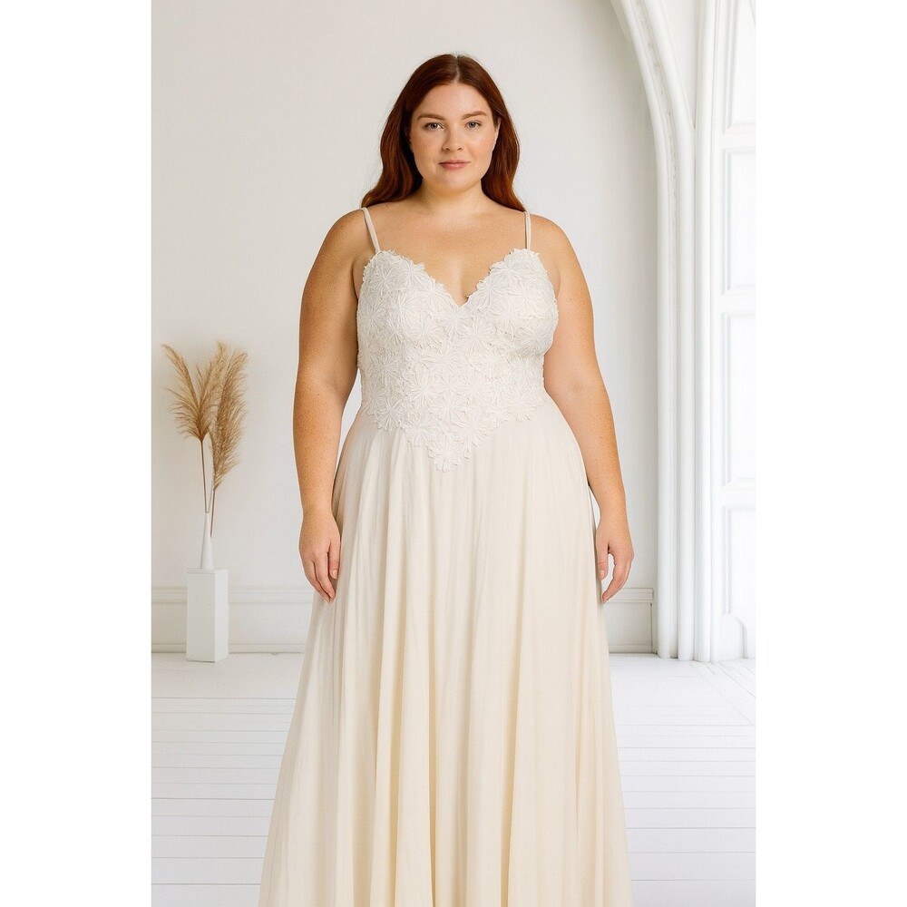 Vintage 90s Alyce Designs Ivory Lace Dress Size 16 Boho Bridal Formal Gown